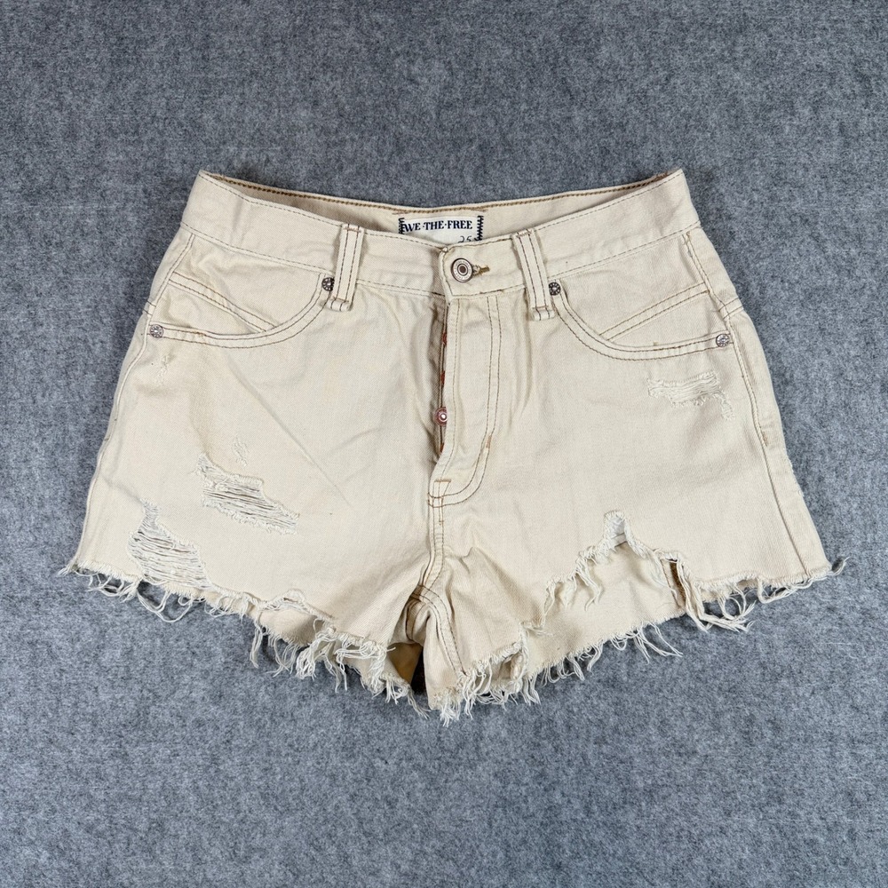 We The Free Womens Distressed Denim Shorts 25 Cream Raw Hem Button Fly